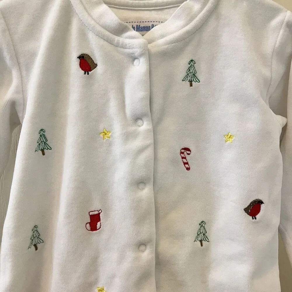 JoJo Maman Bébé White Velour Christmas Embroidered Footie Girls SZ 12-18 Months
